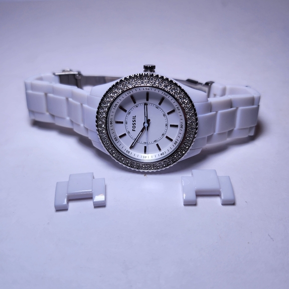 Fossil Stella ES-2444 Crystal Bezel White Ceramic Watch - Picture 5 of 8
